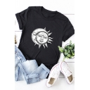 Casual Moon Sun Print Round Neck Roll Up Short Sleeve Loose Fit T-Shirt for Women