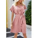 Trendy Solid Color Short Sleeve V-neck Button up Bow Tied Waist Short A-line Dress