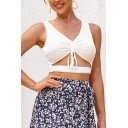Sexy Ladies White Sleeveless V-neck Drawstring Front Cut out Fit Crop Tank Top