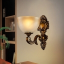 1-Head Wall Lighting Country Bedroom Wall Light Sconce with Bowl Frosted Glass Shade in Brass
