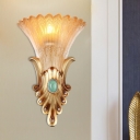 1-Bulb Flush Mount Wall Sconce Rural Scalloped Frosted Glass Wall Lighting in Gold with Resin Peacock Tail Pattern
