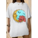 Womens T-Shirt Stylish Flower Crescent Moon Star Letter Kiss the Moon Printed Half Sleeve Crew Neck Relaxed Fit Tunic T-Shirt