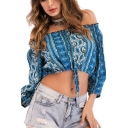 Women's Printed Off The Shoulder Ruffle Long Sleeve Loose Blouse Top