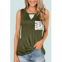 Stylish Womens Patchwork Cut Out Chest Pocket Round Neck Sleeveless Loose Fit Tank Top