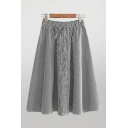 Leisure Skirt Striped Pattern Button Drawstring High Rise Elastic Midi A-Line Skirt for Ladies