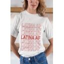 Chic Letter Latina AF Printed Roll up Sleeves Crew Neck Relaxed Crop Tee Top for Girls