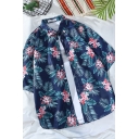Mens Shirt Simple Leaf Flower Printed Spread Collar Button-down Relaxed Fit Half Sleeve Shirt with Chest Pocket
