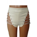 Womens New Stylish Sexy Hollow Out Eyelet Lace-Up Side Skinny Fit Leather Shorts Club Shorts
