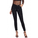 Black Novelty Womens Jeans Set Bead Decoration Low Rise Zipper Fly Slim Fit 7/8 Length Tapered Jeans