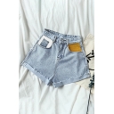 Novelty Womens Shorts Contrasted Pocket High Waist Rolled Frayed Cuffs Zipper Fly Regular Fitted A-Line Denim Shorts