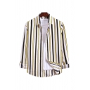 Retro Mens Shirt Stripe Pattern Curved Hem Turn-down Collar Button-down Regular Fit Long Sleeve Shirt