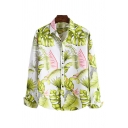 Mens Shirt Trendy Leaf Pattern Spread Collar Button-down Regular Fit Long Sleeve Shirt