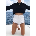 Stylish Womens Shorts Star Pattern Pockets High-rise Zipper Slim Fit White Distressed Short Denim Shorts