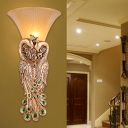 Gold 1 Light Wall Mounted Lighting Rural Resin Dual Peacock Wall Light Fixture with Yellow Glass Shade