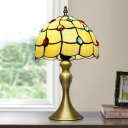 Grid Dome Table Light Tiffany Style 1-Bulb Brass Gem Patterned Nightstand Lighting for Bedroom