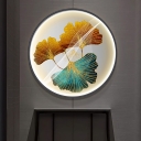 Metal Ginkgo Leaf Wall Lighting Ideas Chinese Style LED Yellow and Green/Yellow Mural Light Fixture with Round Frame