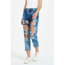 Classic Womens Jeans Faded Wash Ripped Hole Zipper Fly Ankle Length Regular Fit Tapered Jeans