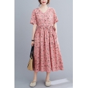 Popular Womens Ditsy Floral Printed Drawstring Waist Pleated Button Front V Neck Short Sleeve Cotton Linen Oversize Midi A-Line Dress
