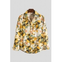 Mens Shirt Stylish Floral Painting Button up Curved Hem Turn-down Collar Long Sleeve Regular Fit Shirt
