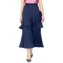 Women's Fancy Skirt Plain Elastic Waist High Waist Ruffle-trimmed Maxi Tiered Skirt