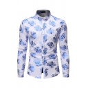 Classic Mens Shirt Gilding Floral Printed Point Collar Button-down Slim Fitted Long Sleeve Shirt