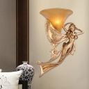 Gold Flared Wall Light Sconce Rustic Amber Glass 1 Light Bedroom Wall Lighting Fixture with Fairy Decor