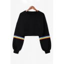 Popular Womens Rainbow Striped Printed Round Neck Full Sleeve Loose Fit Cropped Pullover Sweatshirt