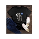 Trendy Womens Astronaut Moon Logo Printed Crew Neck Roll Up Short Sleeve Regular Fit T-Shirt