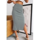 Elegant Ladies Solid Color Knitted High Rise Slit Side Mid Sheath Skirt