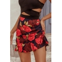 Fancy Ladies Allover Flower Printed High Rise Drawstring Side Ruffled Mini Fitted Skirt in Red