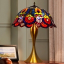 1-Light Bedroom Night Table Light Baroque Brass Petal Patterned Nightstand Lamp with Domed Stained Glass Shade
