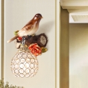 1-Head Sconce Countryside Resin Bird Wall Mount Light Fixture in Brown with Globe Crystal Shade, Right/Left