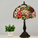 Flower and Grape Stained Glass Table Lamp Mediterranean 1 Head Brass Finish Night Lighting with Dome Shade