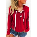 Simple Basic Lace-up Front Long Sleeves Pullover Loose Leisure Hoodie