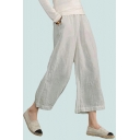 Womens Pants Simple Solid Color Cotton Linen Loose Fitted 7/8 Length Wide-Leg Pants