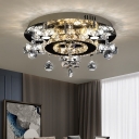 Circle Semi Flush Light Minimalist Clear Crystal LED Chrome Ceiling Fixture in Warm and White Light with Droplet