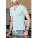 Mens T-Shirt Fashionable Plain Slim Fitted Button Detail Split Neck Short Sleeve T-Shirt