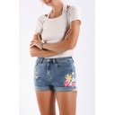 Womens Blue Shorts Creative Floral Embroidered Roll-up Stretch Regular Fitted Zipper Fly Denim Shorts