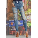 Womens Blue Jeans Chic Medium Wash Distressed Zipper Fly Ankle Length Slim Fit Tapered Jeans