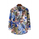 Mens Shirt Creative Mixed Flower Leaf Pattern Button-down Long Sleeve Turn-down Collar Loose Fitted Shirt