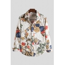 Mens Shirt Unique Leaf Flower Printed Button-down Curved Hem Long Sleeve Turn-down Collar Loose Fitted Shirt