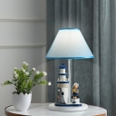 Conic Bedside Night Light Fabric 1-Bulb Cartoon Desk Lighting with Lighthouse and Boy/Girl Deco in Blue