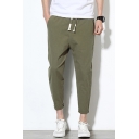 Simple Mens Solid Color Linen and Cotton Drawstring Waist Rolled Cuffs Relaxed Fit Pants