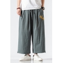 Guys Linen and Cotton Crane Embroidered Drawstring Waist Ankle Length Cuffed Oversize Vintage Pants