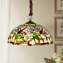 Dome Stained Glass Chandelier Lighting Mediterranean 3-Light White Ceiling Pendant with Dragonfly and Petal Pattern