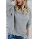 Sexy Womens Solid Color Tie Back Backless Round Neck Batwing Long Sleeve Oversize Knitted Pullover Sweater