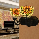 2-Head Dome Wall Light Sconce Baroque Brass Hand Cut Glass Sunflower Wall Mounted Lamp for Bedroom