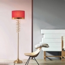 White/Red Drum Floor Reading Lamp Country Fabric 1 Light Living Room Floor Lighting with Metal Rings Deco