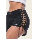 Basic Womens Shorts Distressed Side Lace-up Embellished Slim Fitted Zipper Fly Denim Shorts