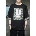 Street Letter U Camo Graphic 3/4 Sleeves Crew Neck Loose Fit Tee Top